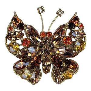 Vintage REGENCY Butterfly Brooch Aurora Borealis Citrine Rhinestones Brown Orang
